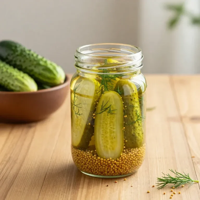 Glas mit eingelegten Senfgurken auf einem Holztisch neben frischem Dill und Gewürzen