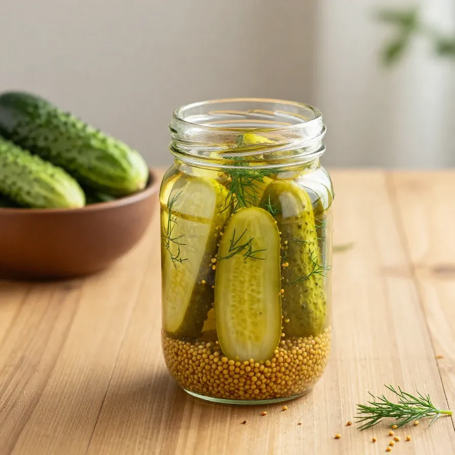 Glas mit eingelegten Senfgurken auf einem Holztisch neben frischem Dill und Gewürzen
