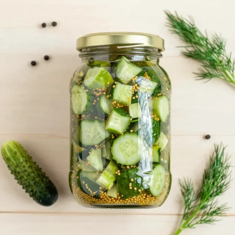 Ein Glas Gewürzgurken mit frischen Dillzweigen und Senfkörnern auf einem Holztisch.
