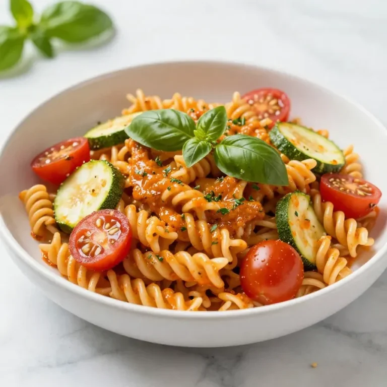 Eine Schüssel Tomaten-Zucchini-Pasta mit frischen Tomatenstücken, Zucchini und Kräutern auf einem hellen Tisch