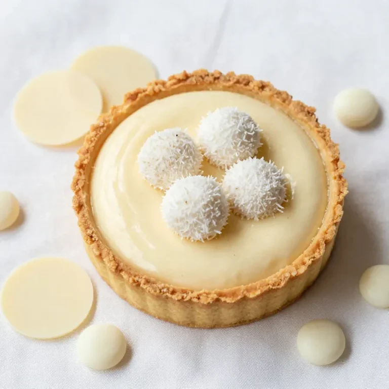 Raffaello Cheesecake auf einem Teller mit cremiger Kokosfüllung und weißer Dekoration