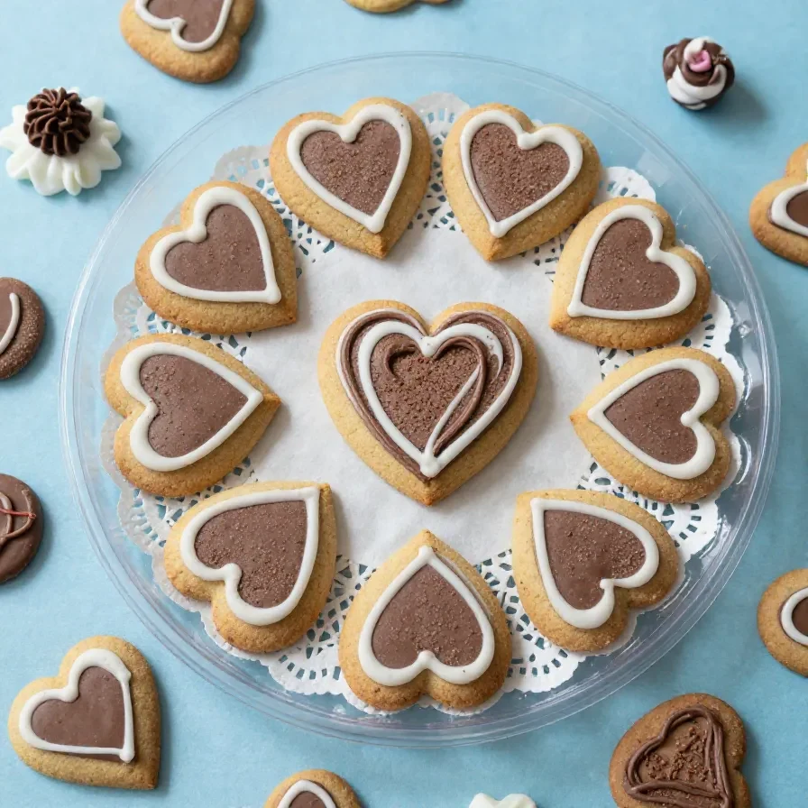 Bunt verzierte Lebkuchenherzen mit Zuckerguss und Schriftzug auf einem Tisch