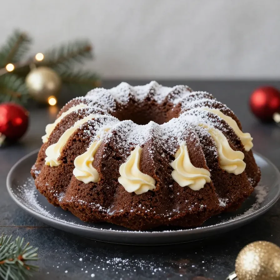 Saftiger Marmor-Lebkuchen-Gugelhupf auf einem Kuchenteller, mit feiner Puderzuckerschicht und sichtbarer Marmormaserung im Anschnitt.