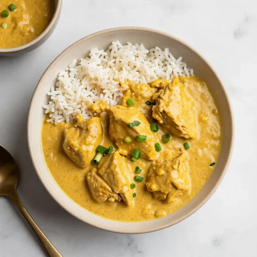 Hähnchenstücke in cremiger Satay-Sauce mit Erdnüssen, serviert auf Reis und garniert mit Frühlingszwiebeln