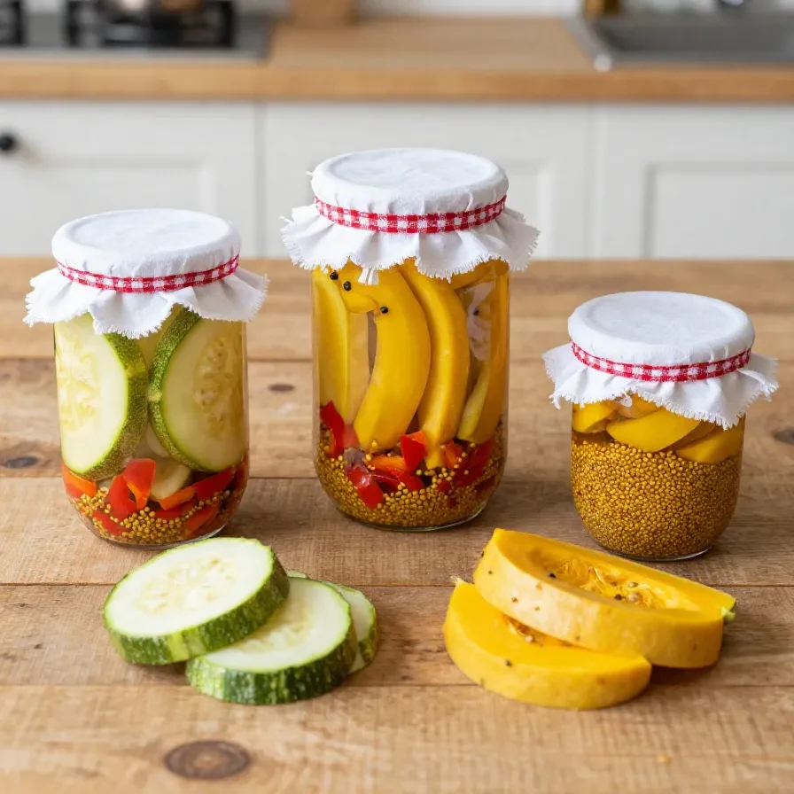 Ein Glas mit süßsauer eingelegten Zucchini auf einem Küchentisch neben Essig, Zucker, Zwiebeln und Gewürzen.