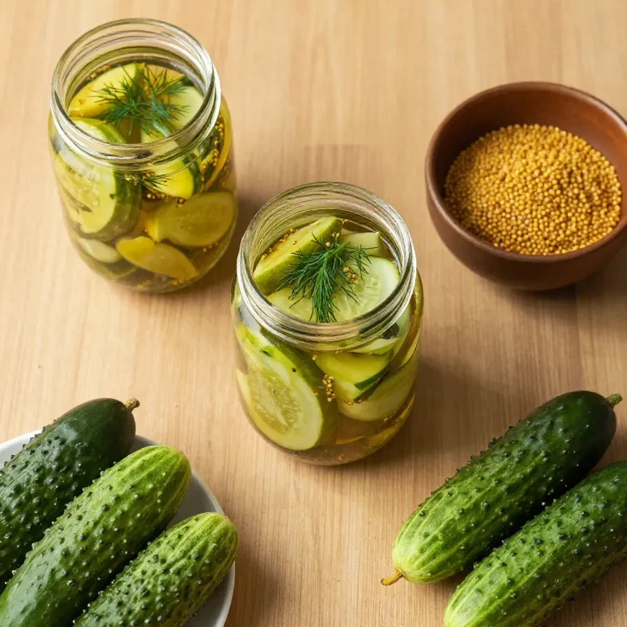 Glas mit eingelegten Senfgurken auf einem Holztisch neben frischem Dill und Gewürzen