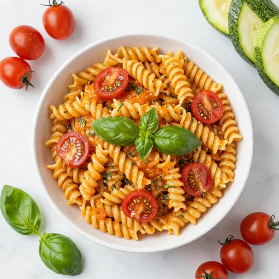 Eine Schüssel Tomaten-Zucchini-Pasta mit frischen Tomatenstücken, Zucchini und Kräutern auf einem hellen Tisch