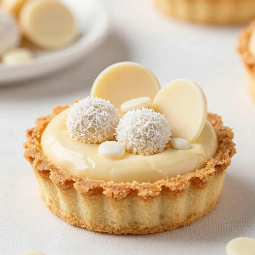 Raffaello Cheesecake auf einem Teller mit cremiger Kokosfüllung und weißer Dekoration