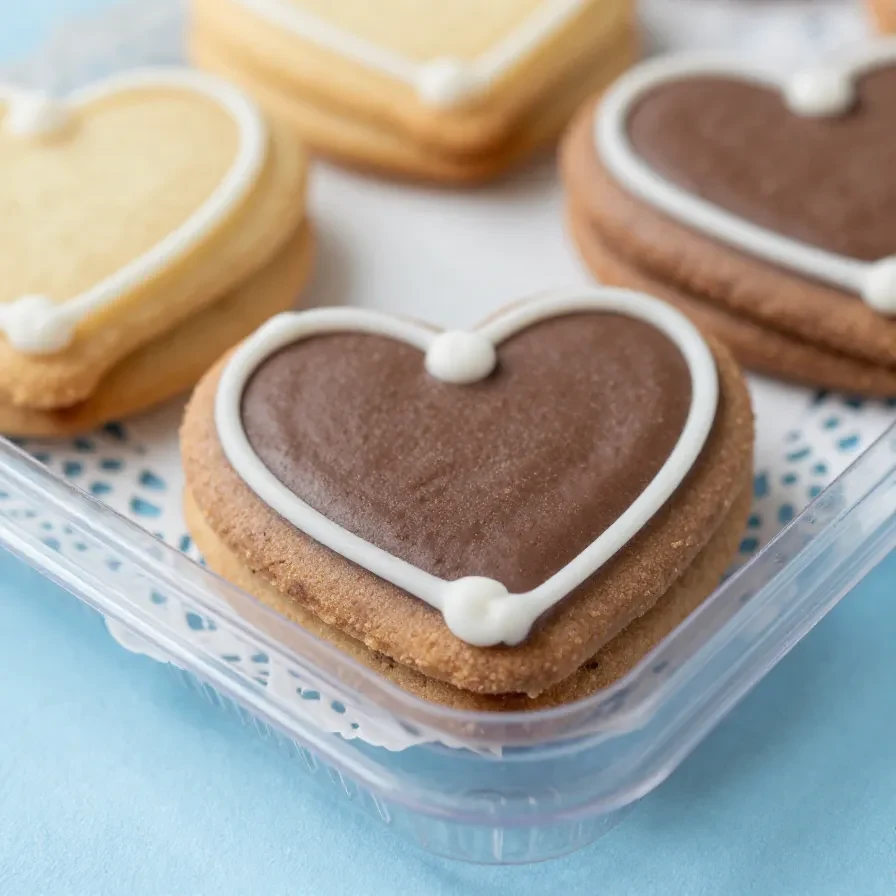 Bunt verzierte Lebkuchenherzen mit Zuckerguss und Schriftzug auf einem Tisch