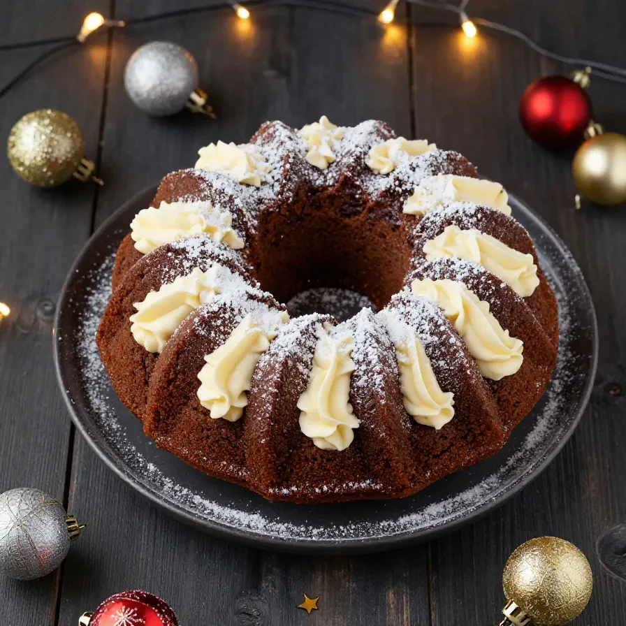 Saftiger Marmor-Lebkuchen-Gugelhupf auf einem Kuchenteller, mit feiner Puderzuckerschicht und sichtbarer Marmormaserung im Anschnitt.