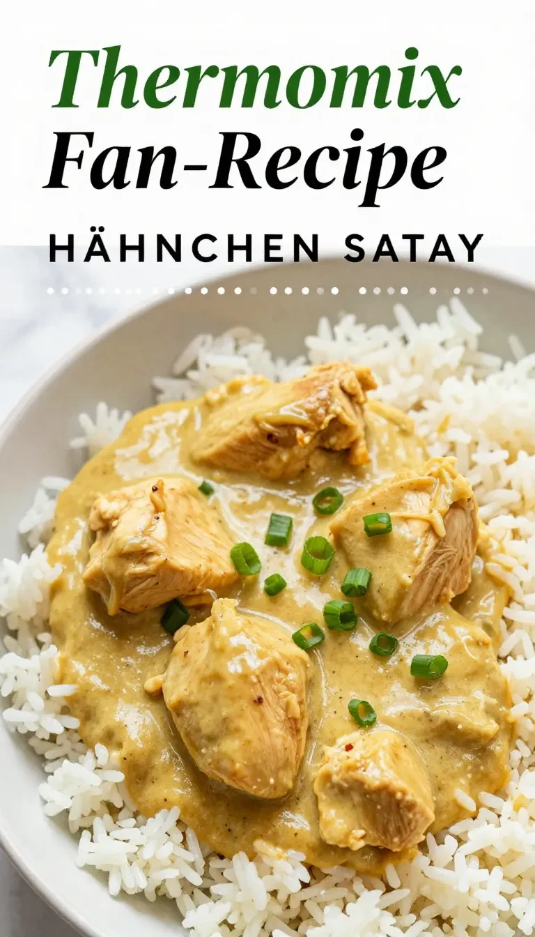 Hähnchenstücke in cremiger Satay-Sauce mit Erdnüssen, serviert auf Reis und garniert mit Frühlingszwiebeln
