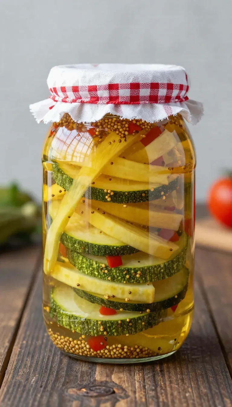 Ein Glas mit süßsauer eingelegten Zucchini auf einem Küchentisch neben Essig, Zucker, Zwiebeln und Gewürzen.