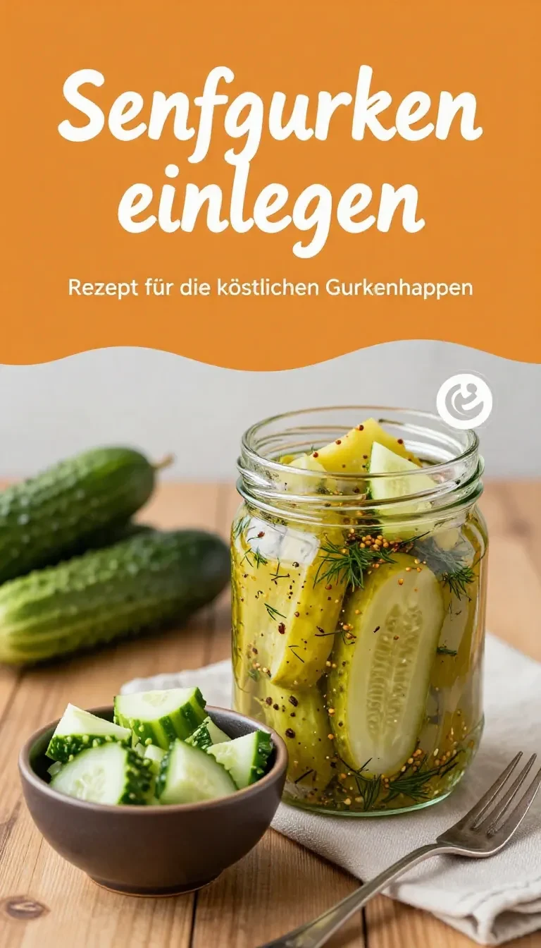 Glas mit eingelegten Senfgurken auf einem Holztisch neben frischem Dill und Gewürzen