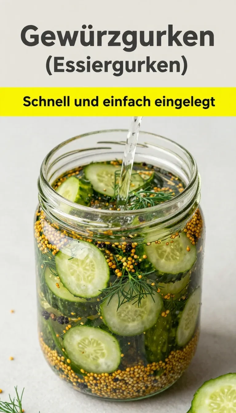 Ein Glas Gewürzgurken mit frischen Dillzweigen und Senfkörnern auf einem Holztisch.
