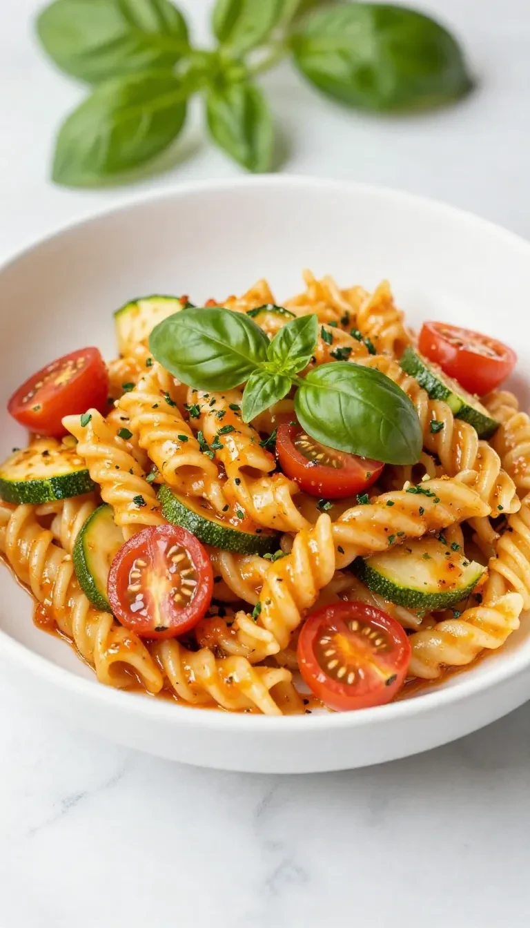 Eine Schüssel Tomaten-Zucchini-Pasta mit frischen Tomatenstücken, Zucchini und Kräutern auf einem hellen Tisch