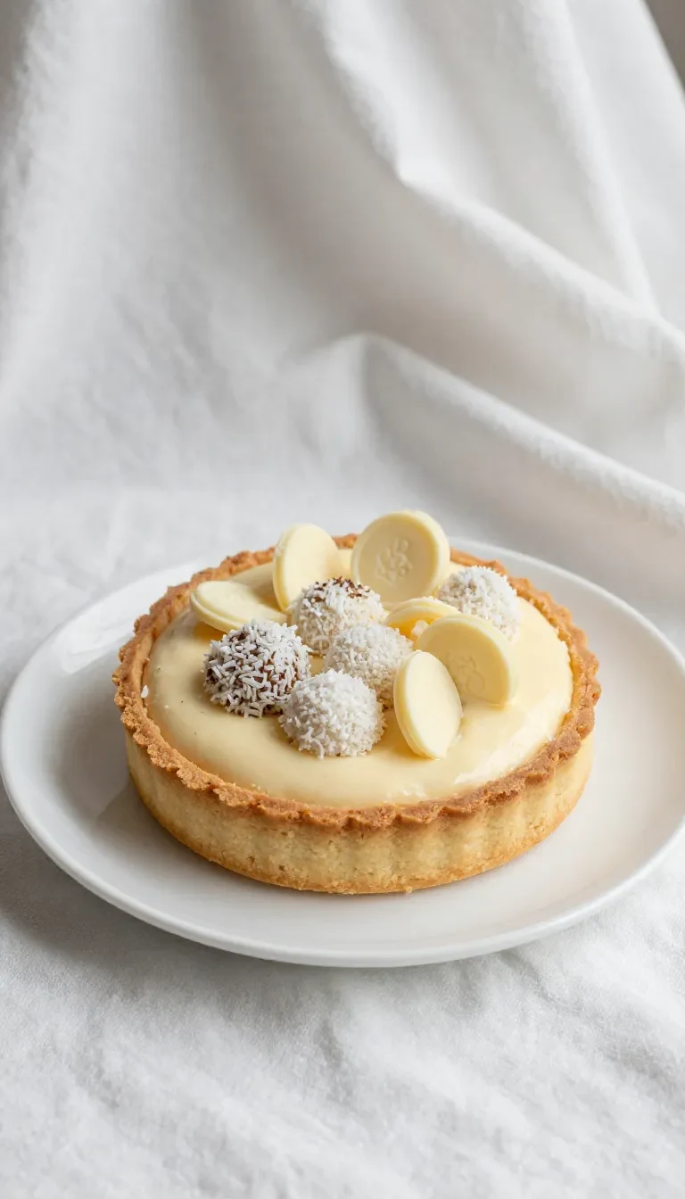 Raffaello Cheesecake auf einem Teller mit cremiger Kokosfüllung und weißer Dekoration