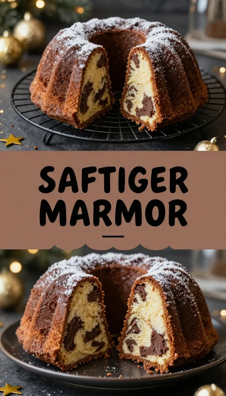 Saftiger Marmor-Lebkuchen-Gugelhupf auf einem Kuchenteller, mit feiner Puderzuckerschicht und sichtbarer Marmormaserung im Anschnitt.