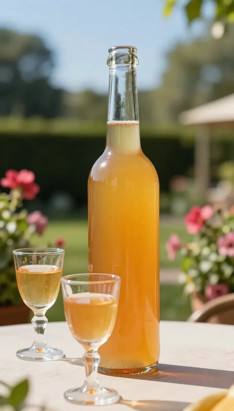 Selbstgemachter Mirabellenlikör in einer Glasflasche neben frischen Mirabellen auf einem Holztisch.
