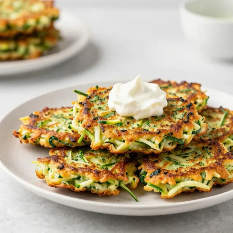 Knusprige Zucchinipuffer auf einem Teller mit cremigem Dip und frischen Kräutern
