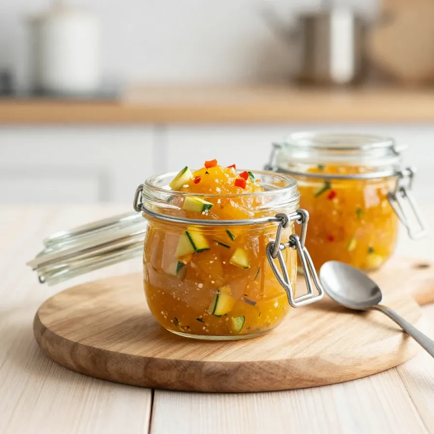 Ein Glas Zucchini-Chutney mit frischen Zucchinistücken, Gewürzen und Kräutern auf einem Holztisch.