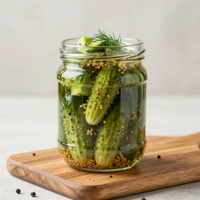 Ein Glas Gewürzgurken neben frischen Gurken, Dill und Gewürzen auf einem Holztisch