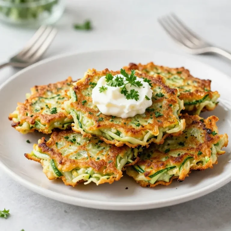 Zucchinipuffer auf einem Teller mit cremigem Dip und frischen Kräutern