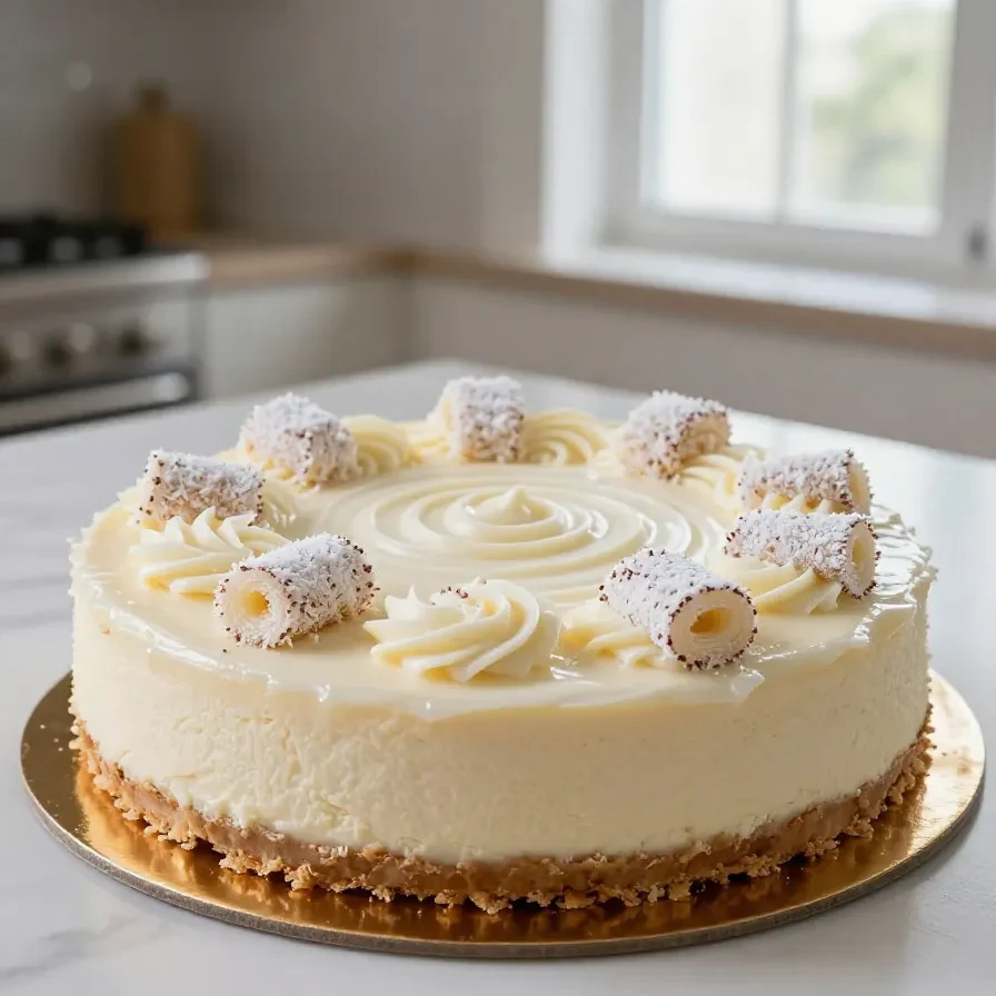 Raffaello-Kuchen auf einer Tortenplatte mit heller Kokoscreme und dekorierten Raffaello-Pralinen.