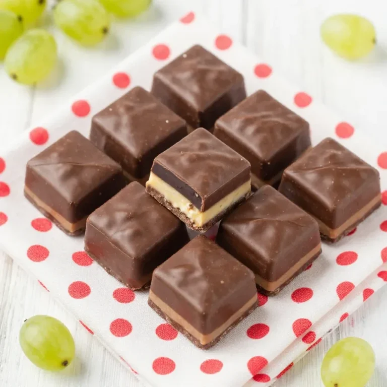 Hausgemachte Dominosteine mit Schichten aus Lebkuchen, Fruchtgelee und Marzipan, umhüllt von dunkler Schokolade auf einem Teller
