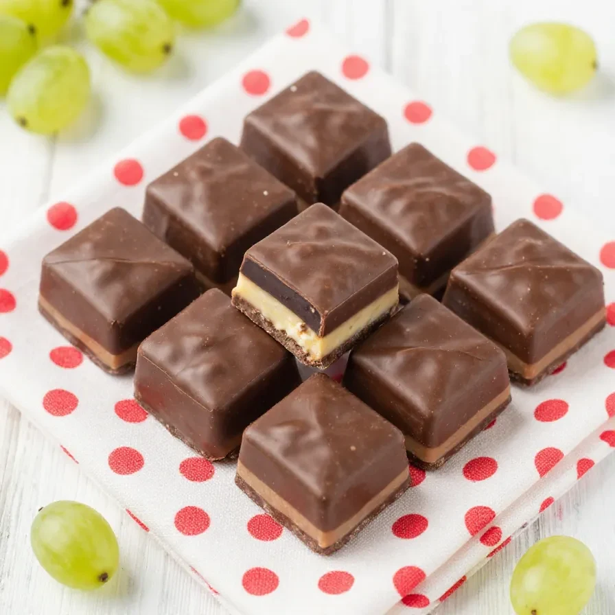Hausgemachte Dominosteine mit Schichten aus Lebkuchen, Fruchtgelee und Marzipan, umhüllt von dunkler Schokolade auf einem Teller