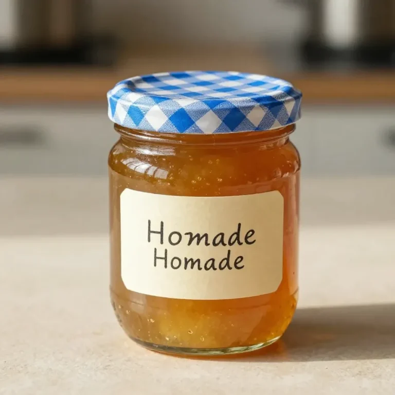 Ein Glas Mirabellenmarmelade mit Amaretto und Rosmarin auf einem hellen Holztisch neben frischen Mirabellen und einem Rosmarinzweig.
