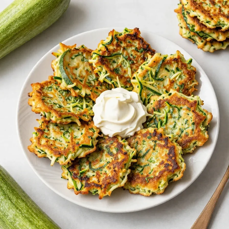 Knusprige Zucchinipuffer auf einem Teller mit cremigem Dip und frischen Kräutern