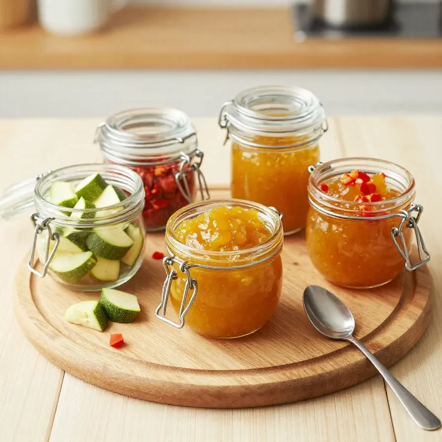 Ein Glas Zucchini-Chutney mit frischen Zucchinistücken, Gewürzen und Kräutern auf einem Holztisch.