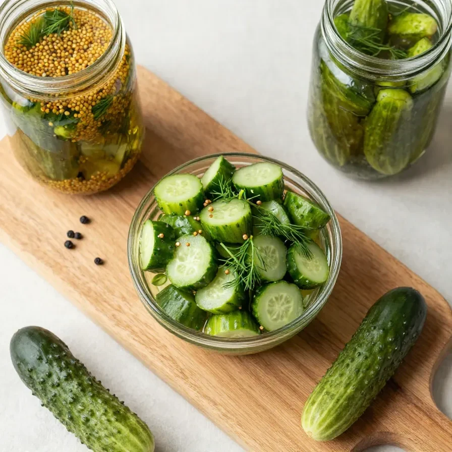 Ein Glas Gewürzgurken neben frischen Gurken, Dill und Gewürzen auf einem Holztisch