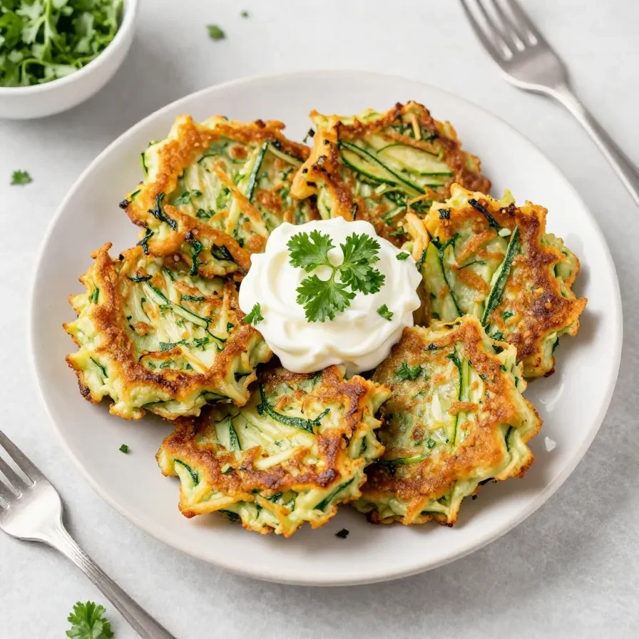 Zucchinipuffer auf einem Teller mit cremigem Dip und frischen Kräutern