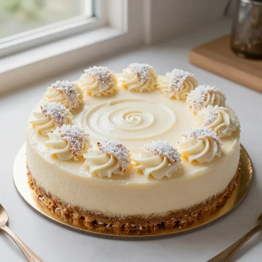 Raffaello-Kuchen auf einer Tortenplatte mit heller Kokoscreme und dekorierten Raffaello-Pralinen.