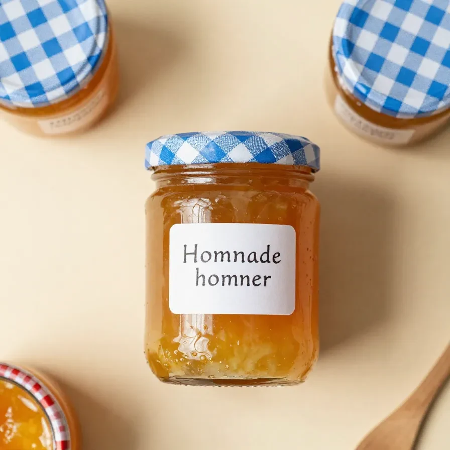 Ein Glas Mirabellenmarmelade mit Amaretto und Rosmarin auf einem hellen Holztisch neben frischen Mirabellen und einem Rosmarinzweig.