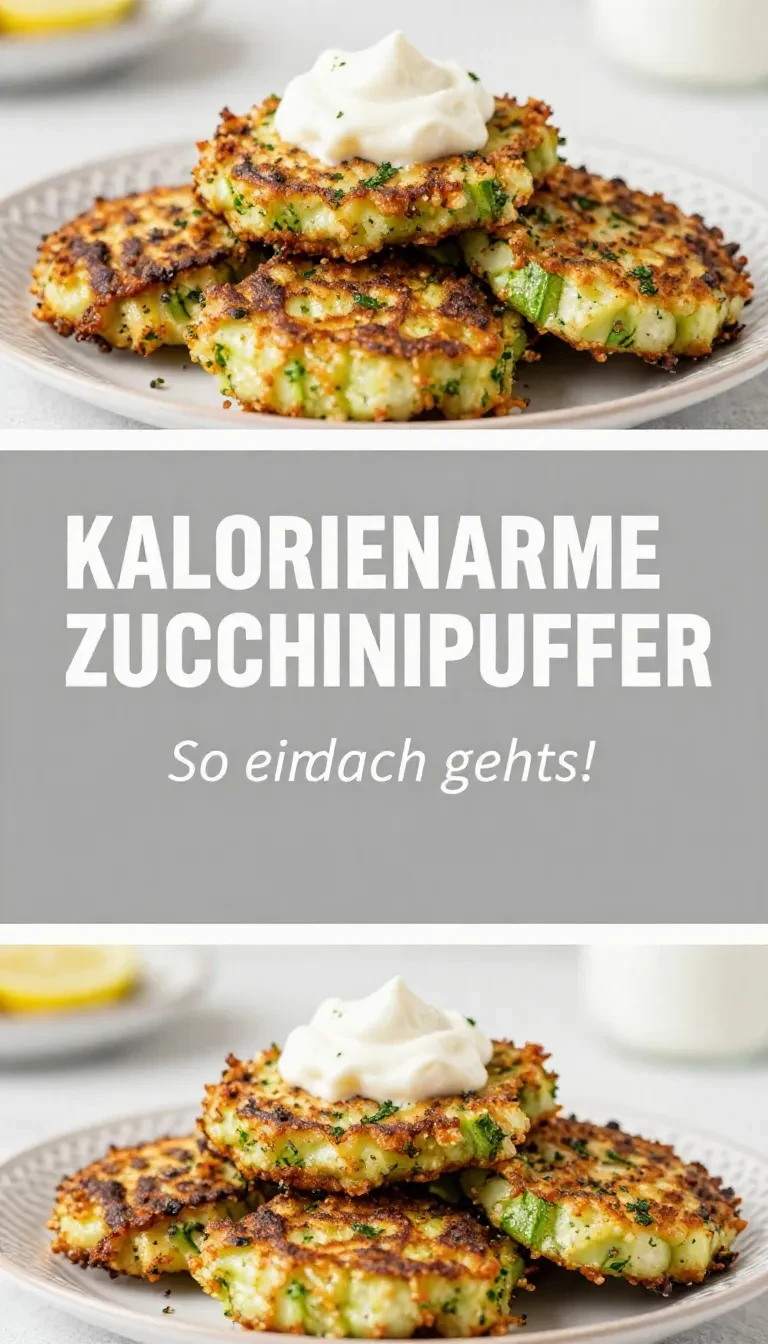 Knusprige Zucchinipuffer auf einem Teller mit cremigem Dip und frischen Kräutern