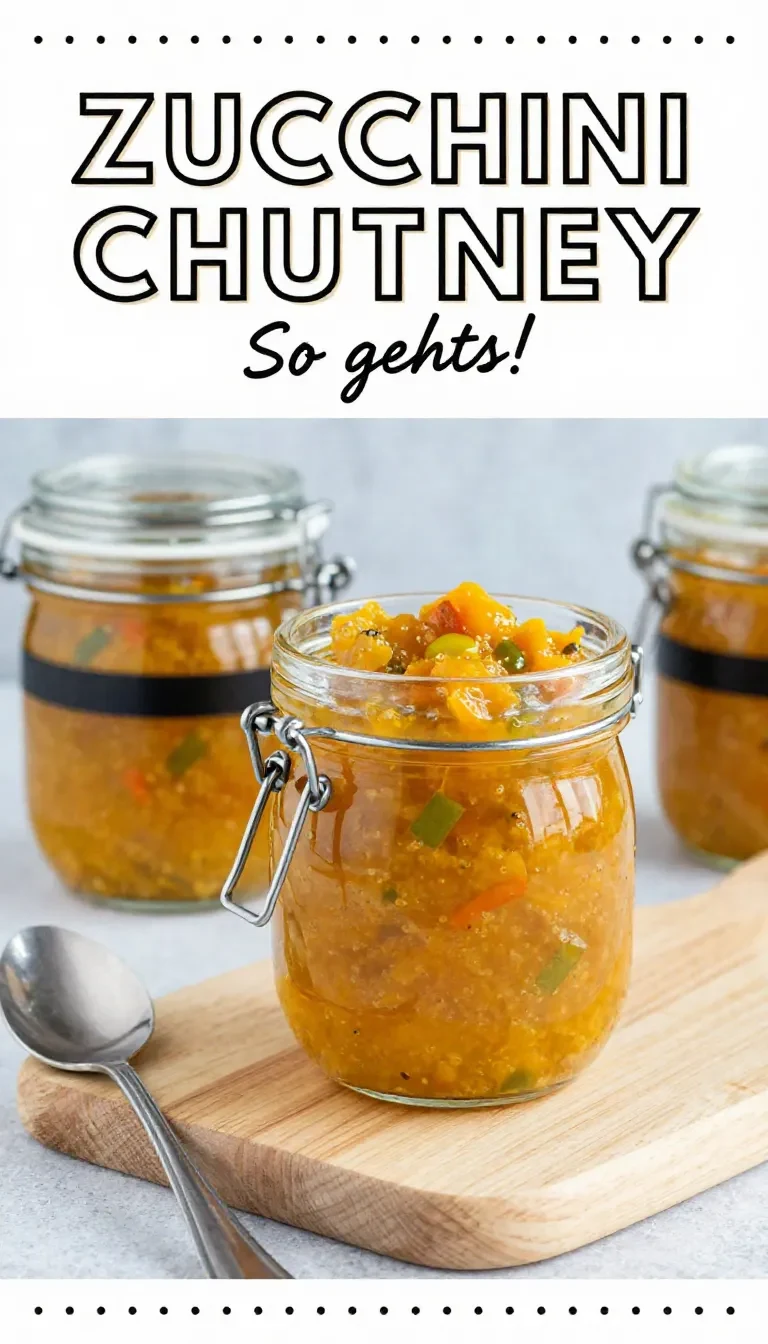 Ein Glas Zucchini-Chutney mit frischen Zucchinistücken, Gewürzen und Kräutern auf einem Holztisch.
