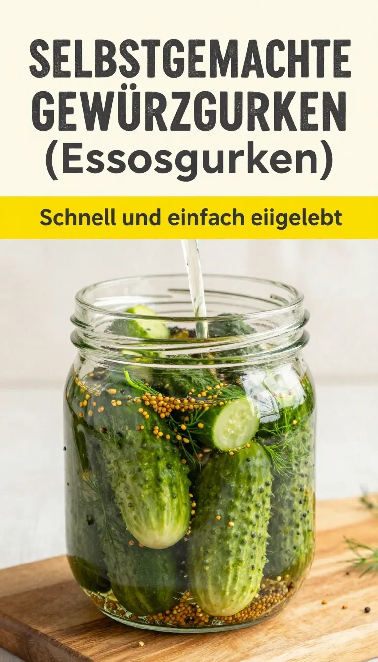 Ein Glas Gewürzgurken neben frischen Gurken, Dill und Gewürzen auf einem Holztisch
