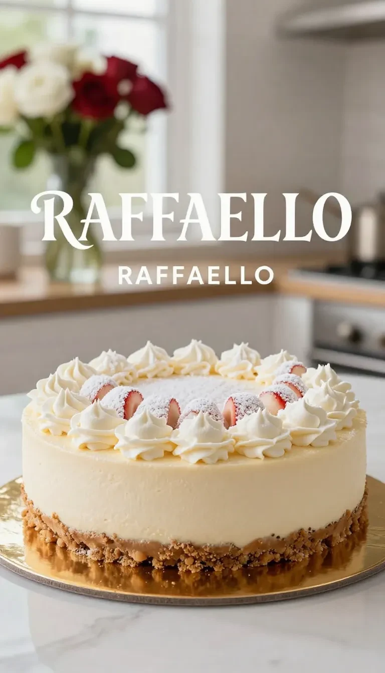 Raffaello-Kuchen auf einer Tortenplatte mit heller Kokoscreme und dekorierten Raffaello-Pralinen.