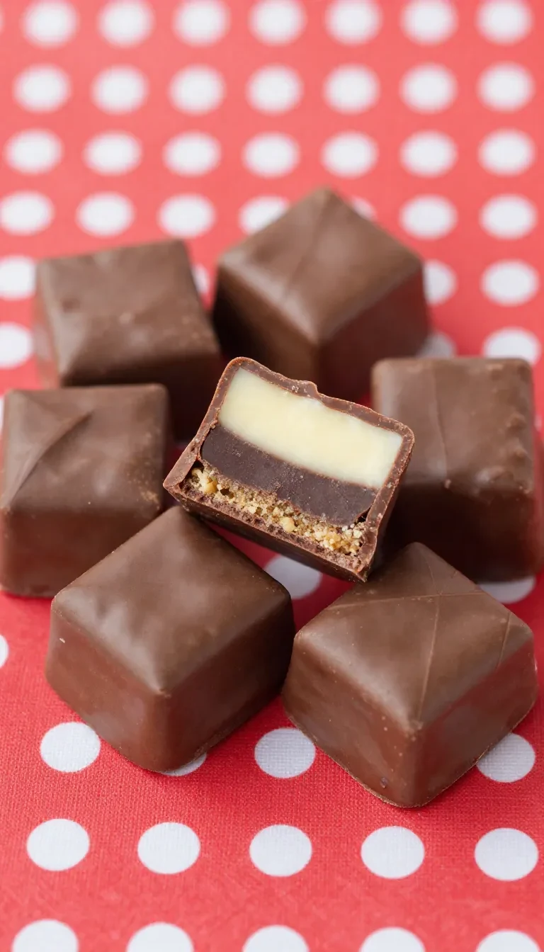 Hausgemachte Dominosteine mit Schichten aus Lebkuchen, Fruchtgelee und Marzipan, umhüllt von dunkler Schokolade auf einem Teller
