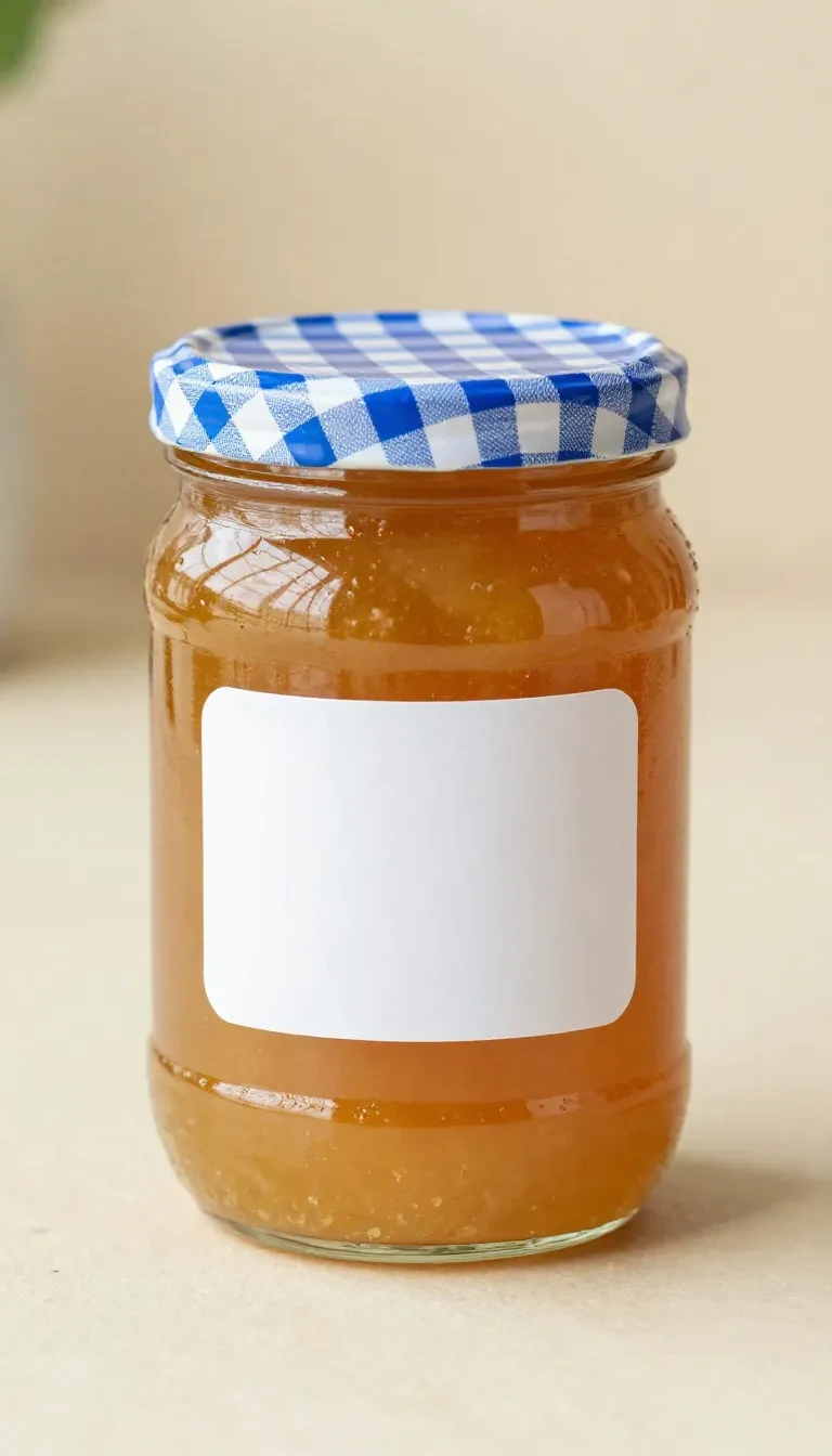 Ein Glas Mirabellenmarmelade mit Amaretto und Rosmarin auf einem hellen Holztisch neben frischen Mirabellen und einem Rosmarinzweig.