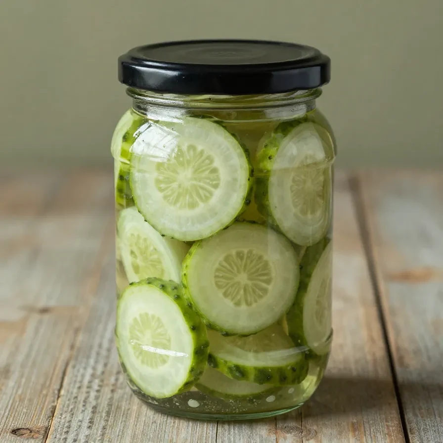 Glas mit eingelegten Gurkenscheiben in würziger Lake, daneben frische Gurken und Dill.