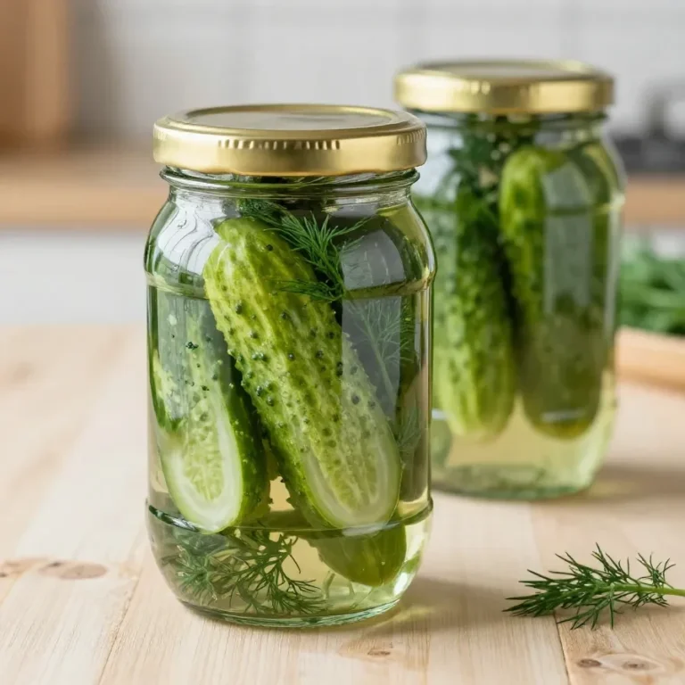 Frischer Gurkensalat im Glas mit Kräutern, Essig und Zwiebeln, vorbereitet für den Wintervorrat.