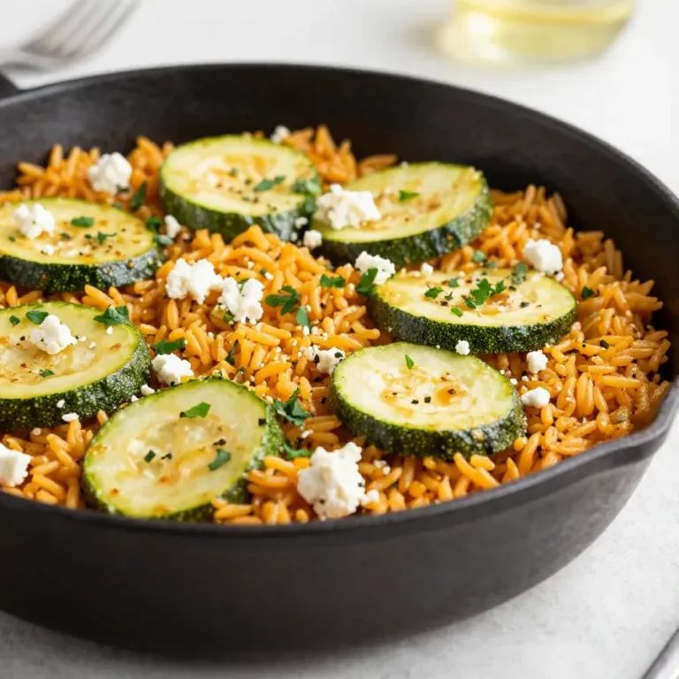 Reispfanne mit Zucchini und Feta in einer Schüssel serviert