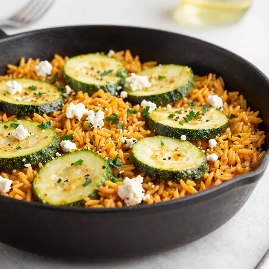 Reispfanne mit Zucchini und Feta in einer Schüssel serviert