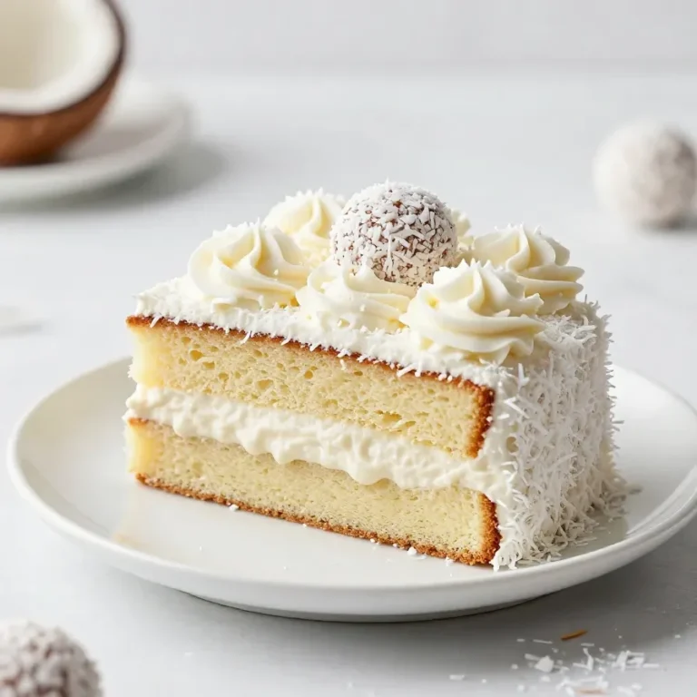 Raffaello Kuchen mit weißer Kokoscreme, geriebenen Kokosraspeln und dekorierten Raffaello-Pralinen auf einem hellen Teller