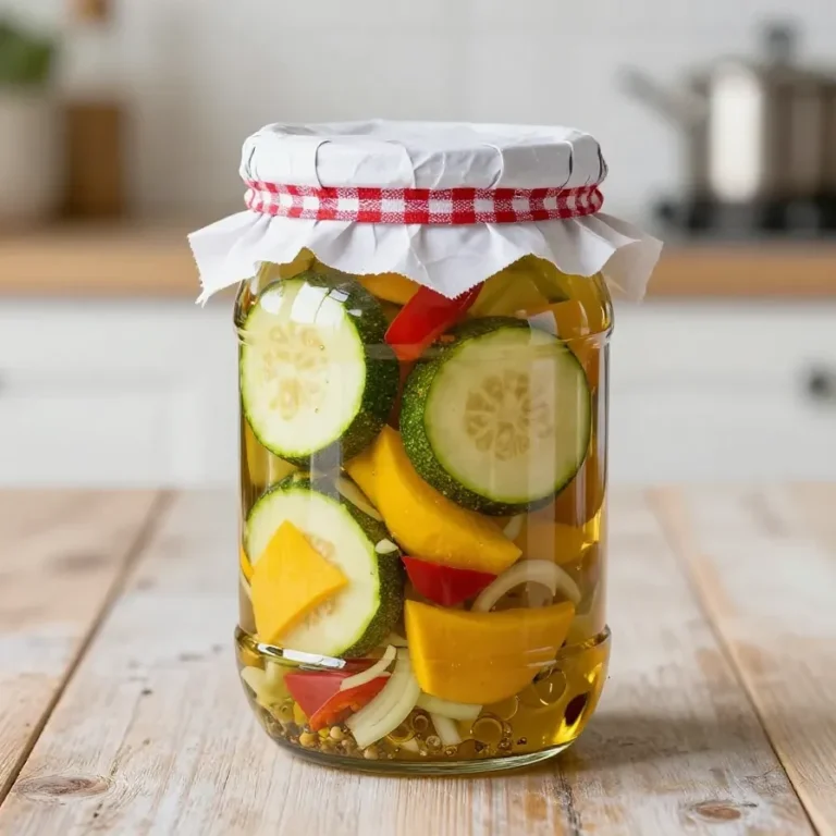 Glas mit süßsauer eingelegten Zucchini auf einem Küchentisch neben Essig, Zucker und frischen Kräutern