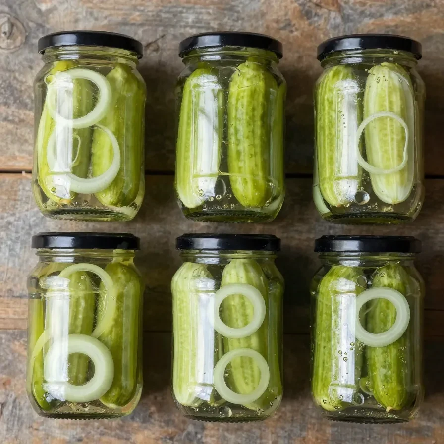 Glas mit eingelegten Gurkenscheiben in würziger Lake, daneben frische Gurken und Dill.