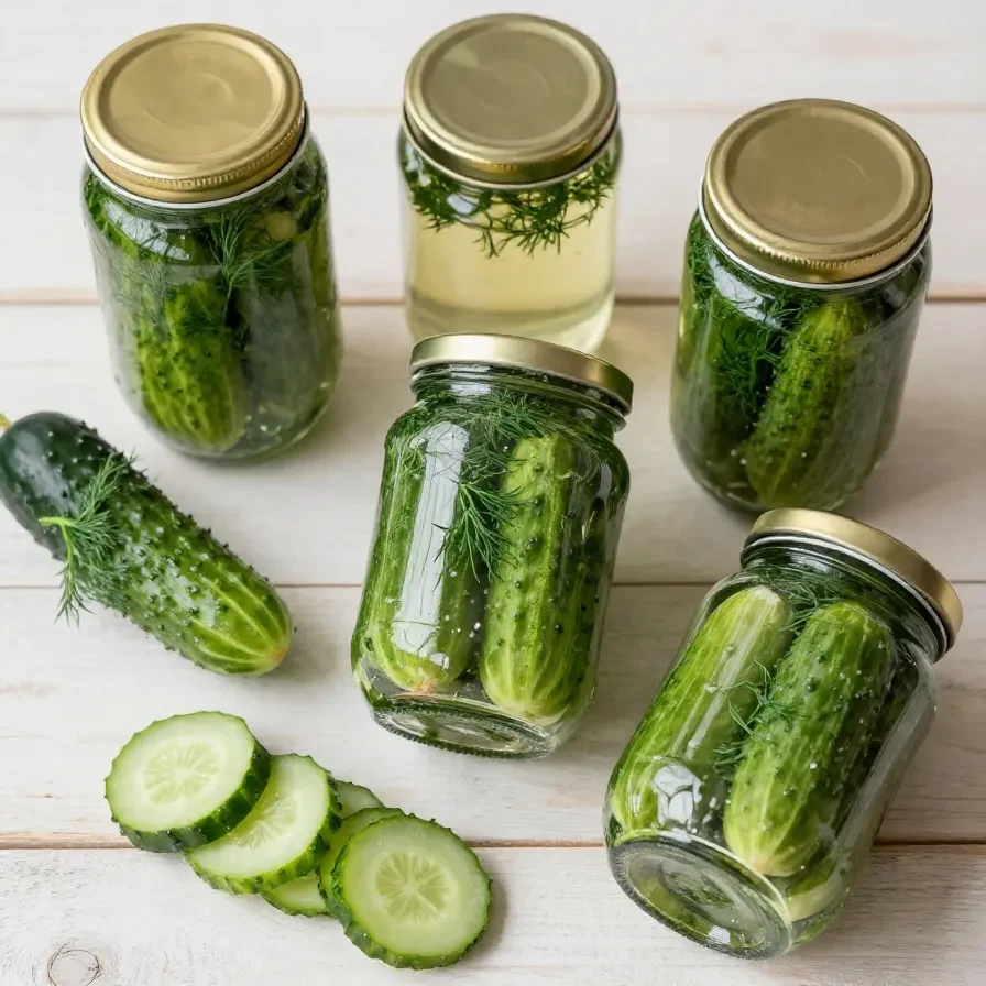 Frischer Gurkensalat im Glas mit Kräutern, Essig und Zwiebeln, vorbereitet für den Wintervorrat.